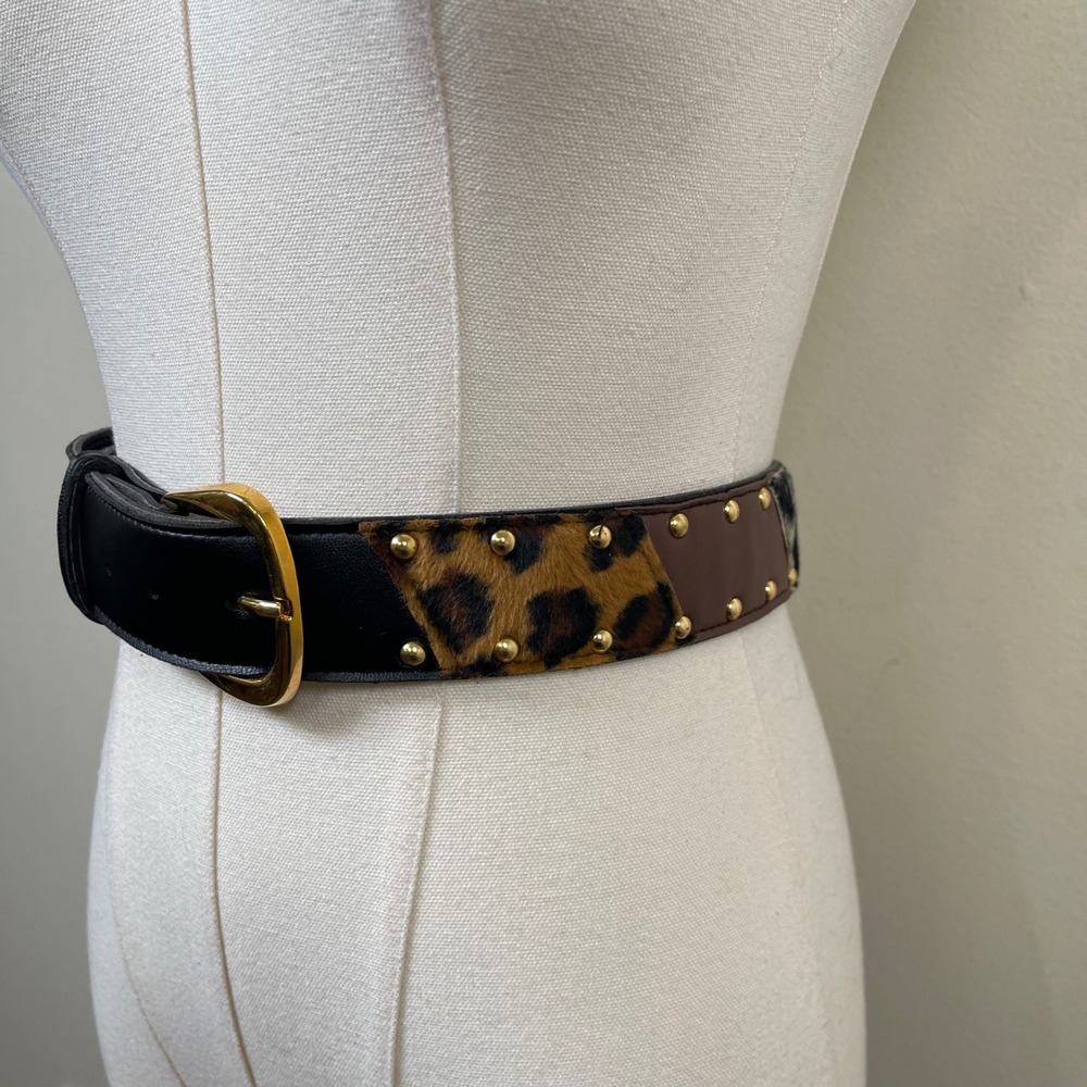 Vintage Animal Print Studded Patchwork Belt Women L Multicolor Leopard Giraffe - Picture 4 of 11